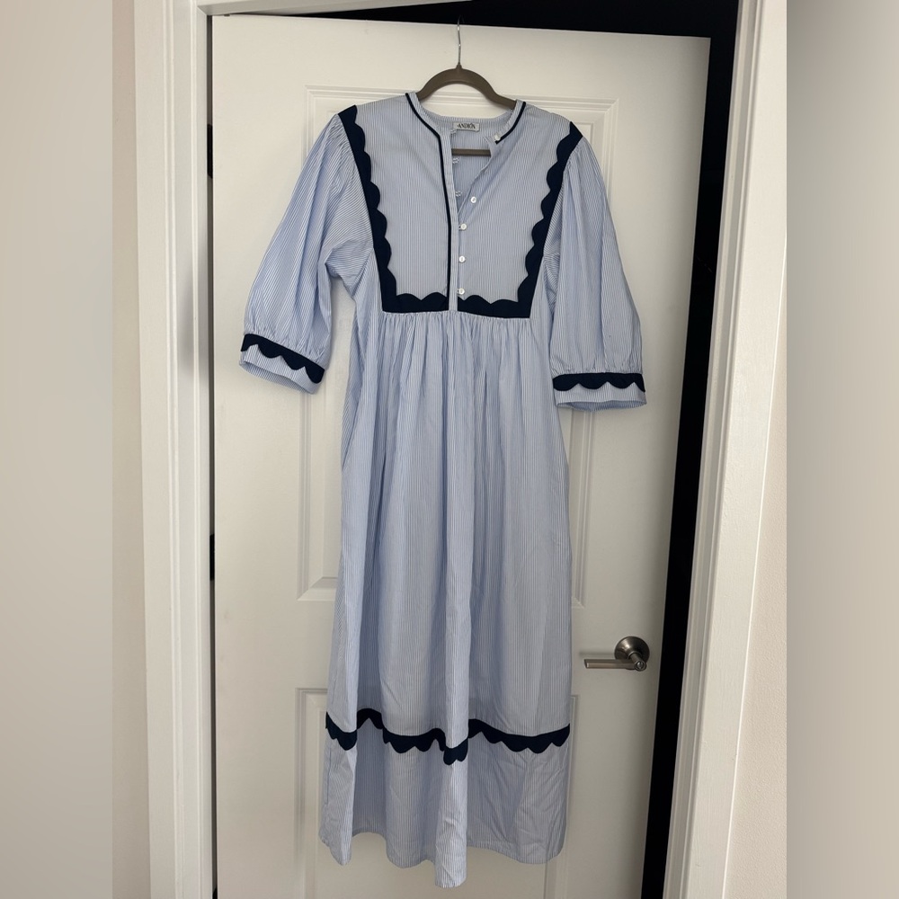 Chic Light Blue and Navy Women's Long Sleeve Dress